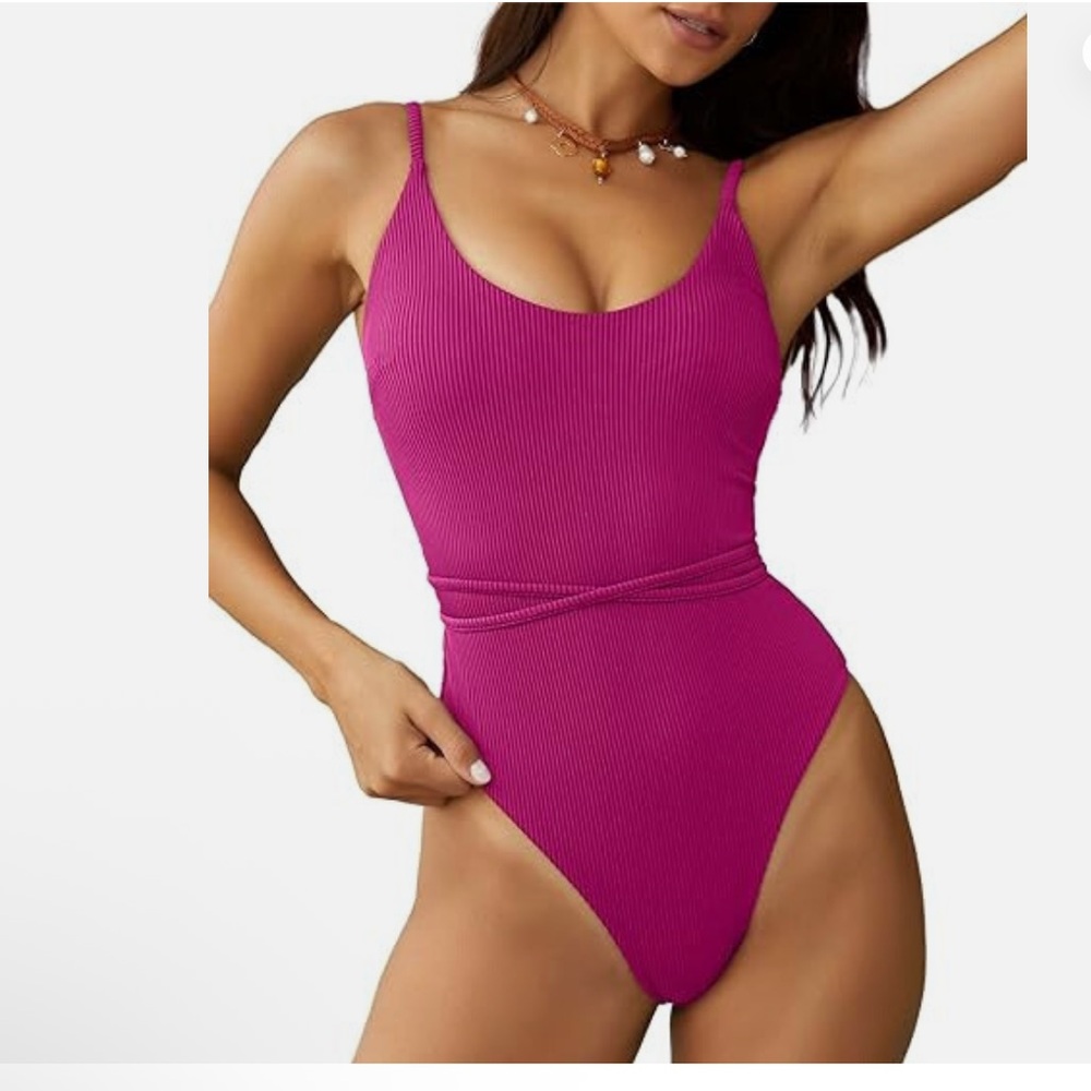 Zaful Pink Ribbed tie back one piece bathing suit swim suit